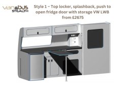 Style 1  Top locker, splashback, push to open fridge door with storage VW LWB