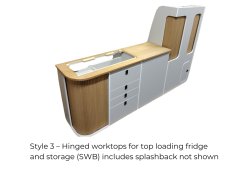 Style 3  Splashback with hinged worktops for top loading fridge and storage FTC SWB