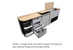 Style 5  Single level unit with hinged worktops for top loading fridge and storage FTC SWB