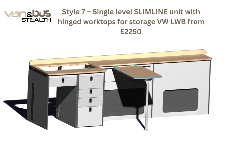 Style 7  Single level SLIMLINE unit with hinged worktops for storage VW LWB