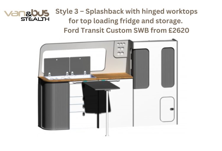 Style 3  Splashback with hinged worktops for top loading fridge and storage FTC SWB