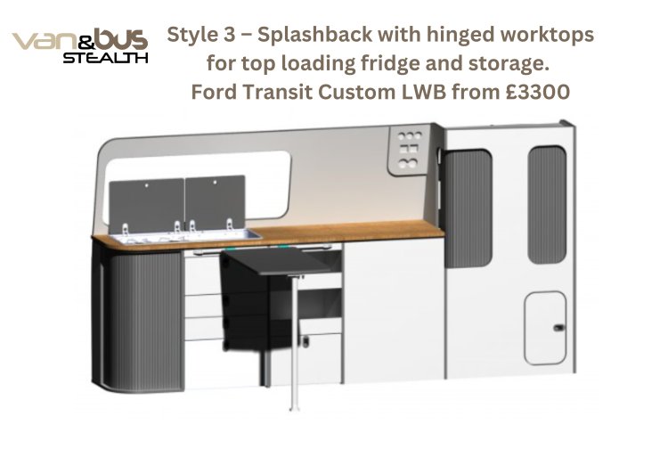 Style 3  Splashback with hinged worktops for top loading fridge and storage FTC LWB