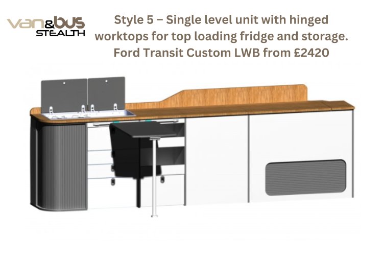 Style 5  Single level unit with hinged worktops for top loading fridge and storage FTC LWB