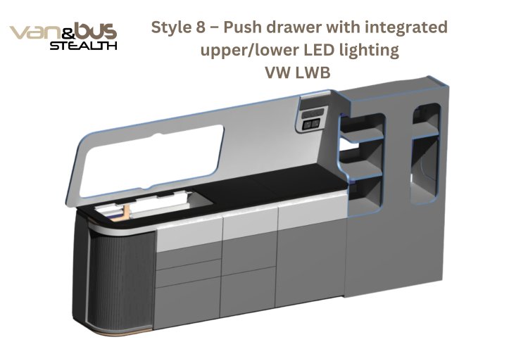 Style 8 - Push drawer with integrated upper/lower LED lighting VW LWB